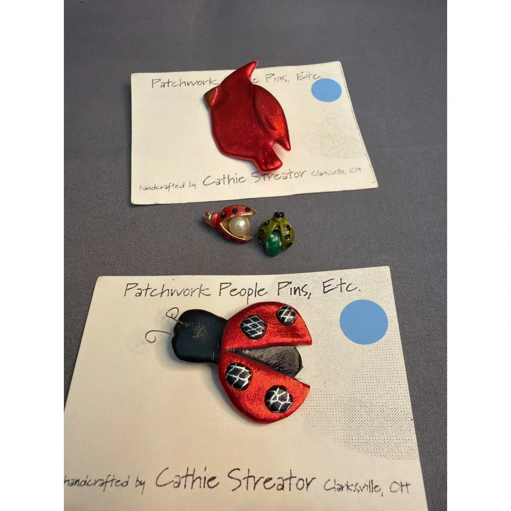 Cathie Streator Artisan Bird Ladybug Pins Lot of 4 Handcrafted Vintage Style